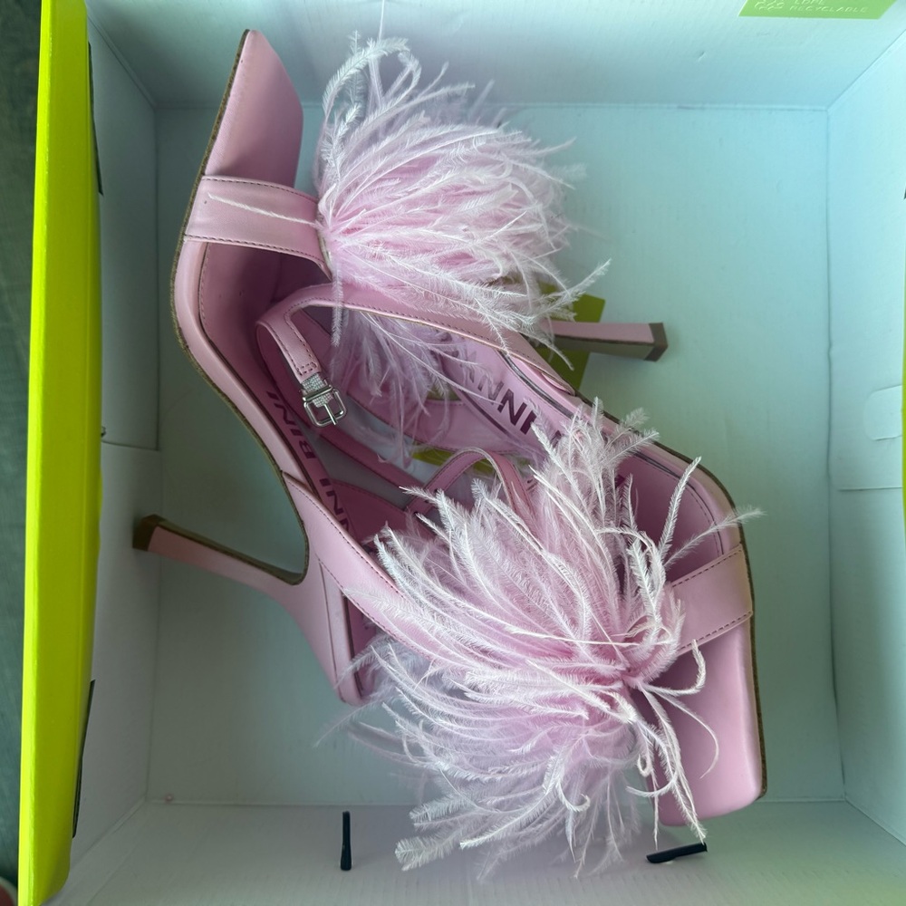 Gianni Bini Pink Marabou Feather Heels Size 8 Square Toe Leather Y2K 2000s - Picture 2 of 5